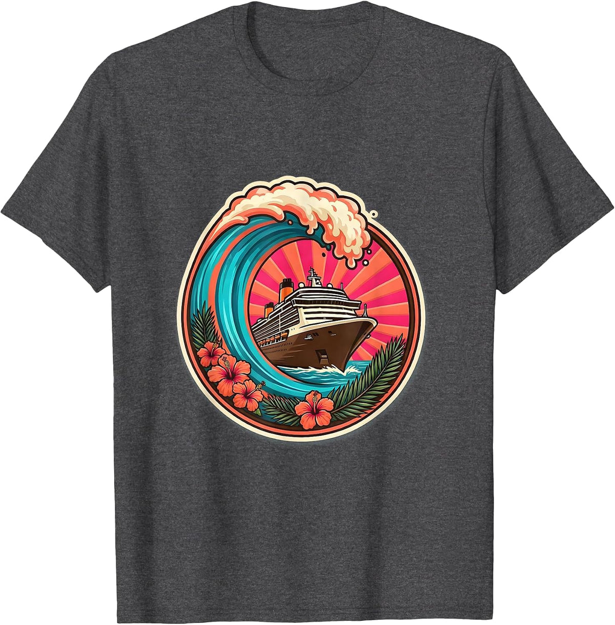 Men's Family Cruise Giant Wave Curling Ship Bow Graphic T-Shirt - Dark Heather Grey