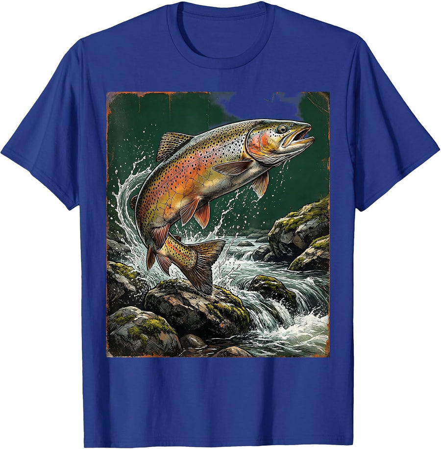 Trout Swimming Upstream Rocky River Fishing Graphic T-Shirt - Royal Blue
