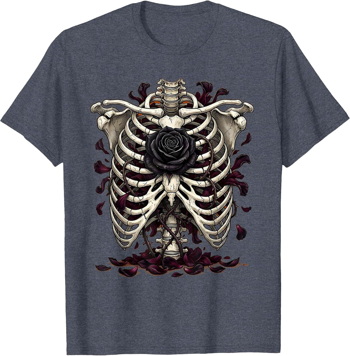 Black Rose Ribcage Gothic Metal Dark Art Design T-Shirt - Heather Blue