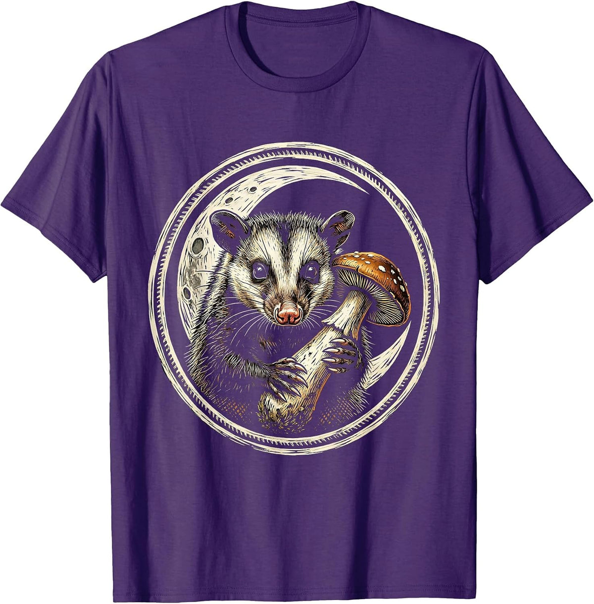Men's Opossum Mushroom Crescent Moon Nature Art T-Shirt - Purple