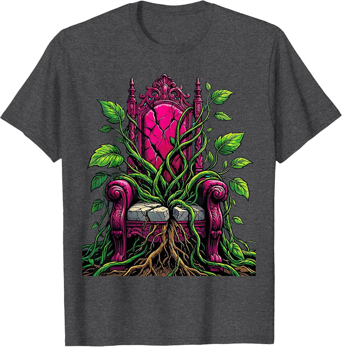 Empty Throne Overgrown Vines No Kings Design T-Shirt - Dark Heather Grey