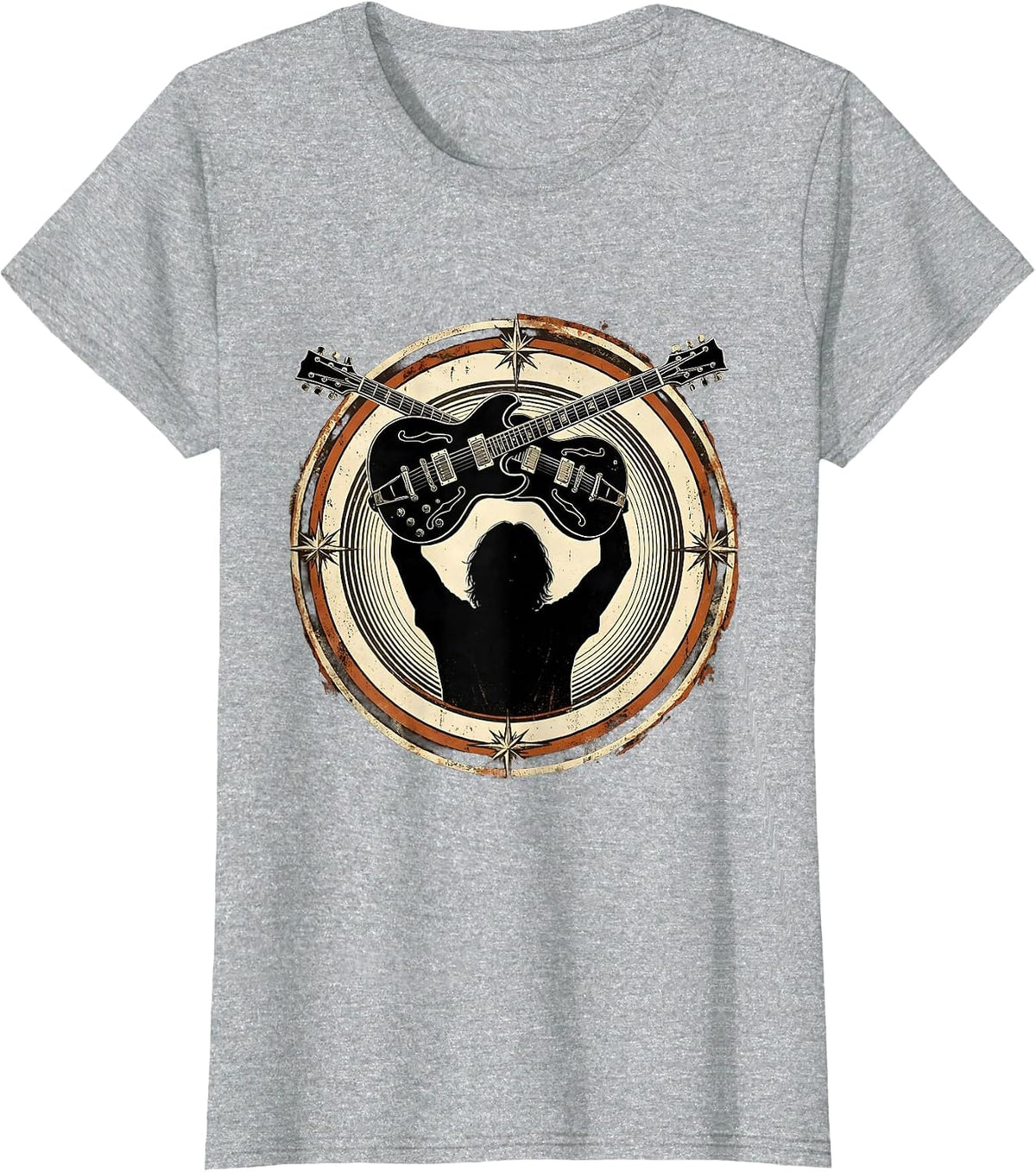 Women's Double-Neck Guitar Silhouette Rock Music Design T-Shirt - Heather Grey