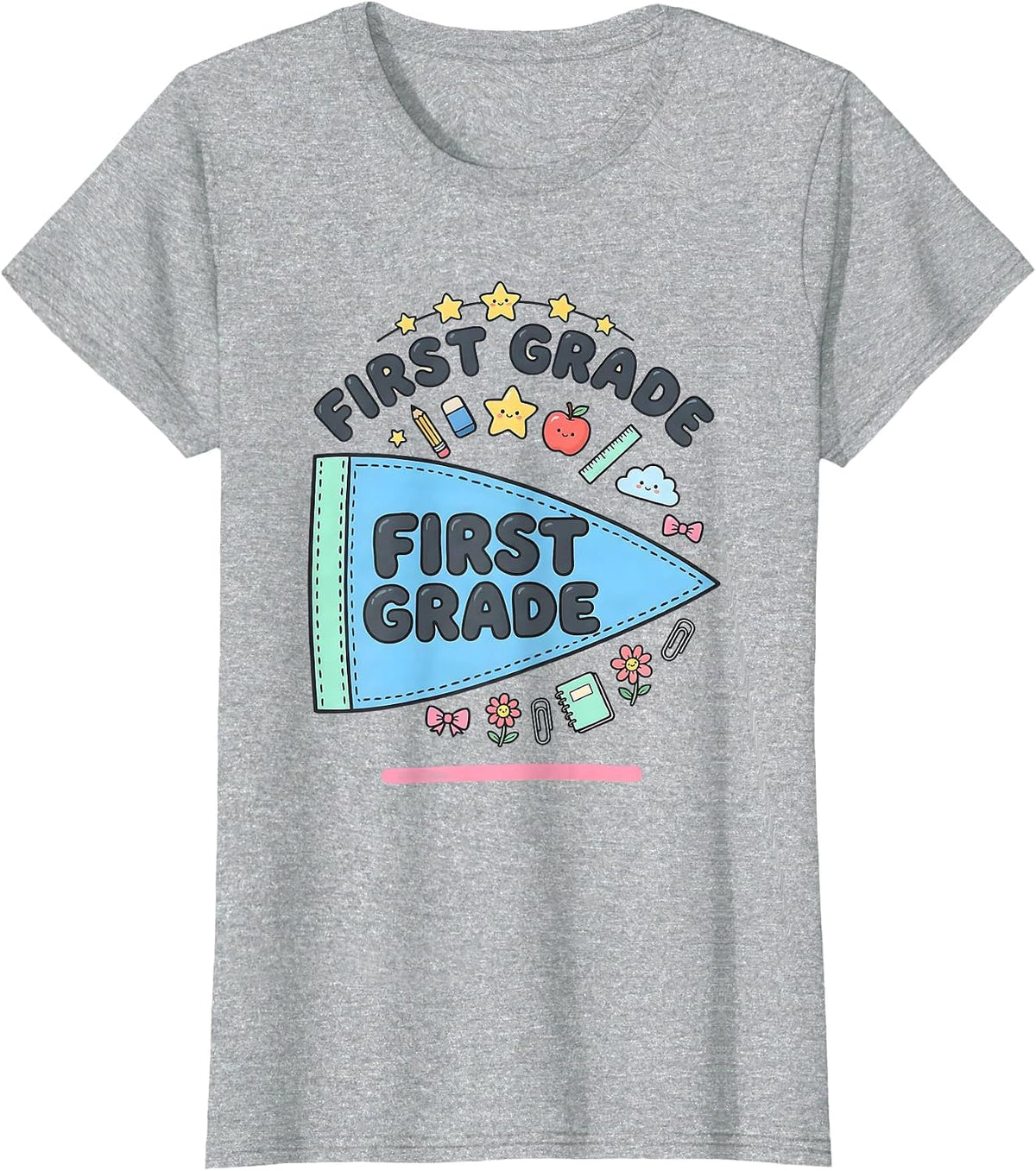 First Grade Kawaii Stationery Doodle Back to School Pennant T-Shirt - Heather Grey