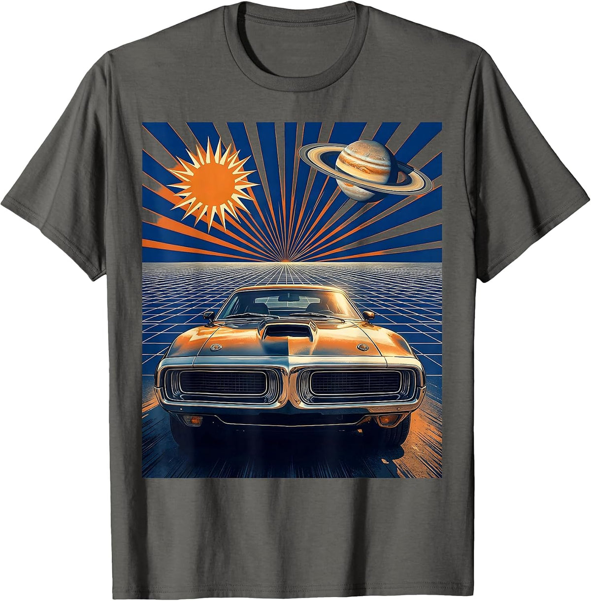 Men's 80s Neon Grid Muscle Car Retro Graphic T-Shirt - Asphalt Grey