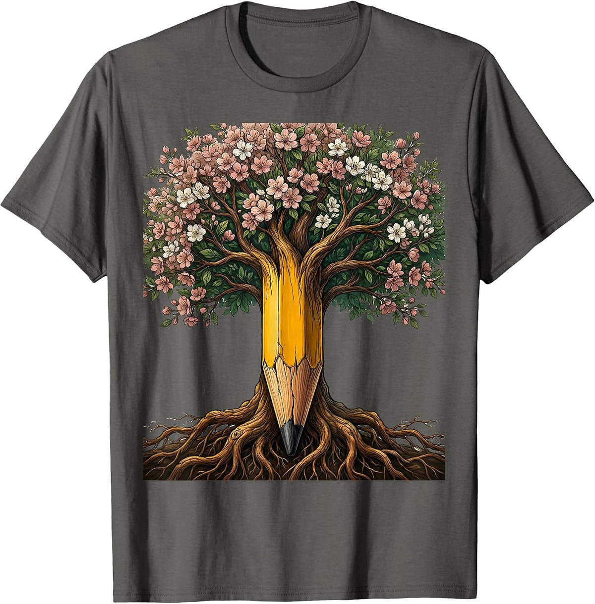 Art Teacher Cracked Pencil Blooming Tree Graphic T-Shirt - Asphalt Grey