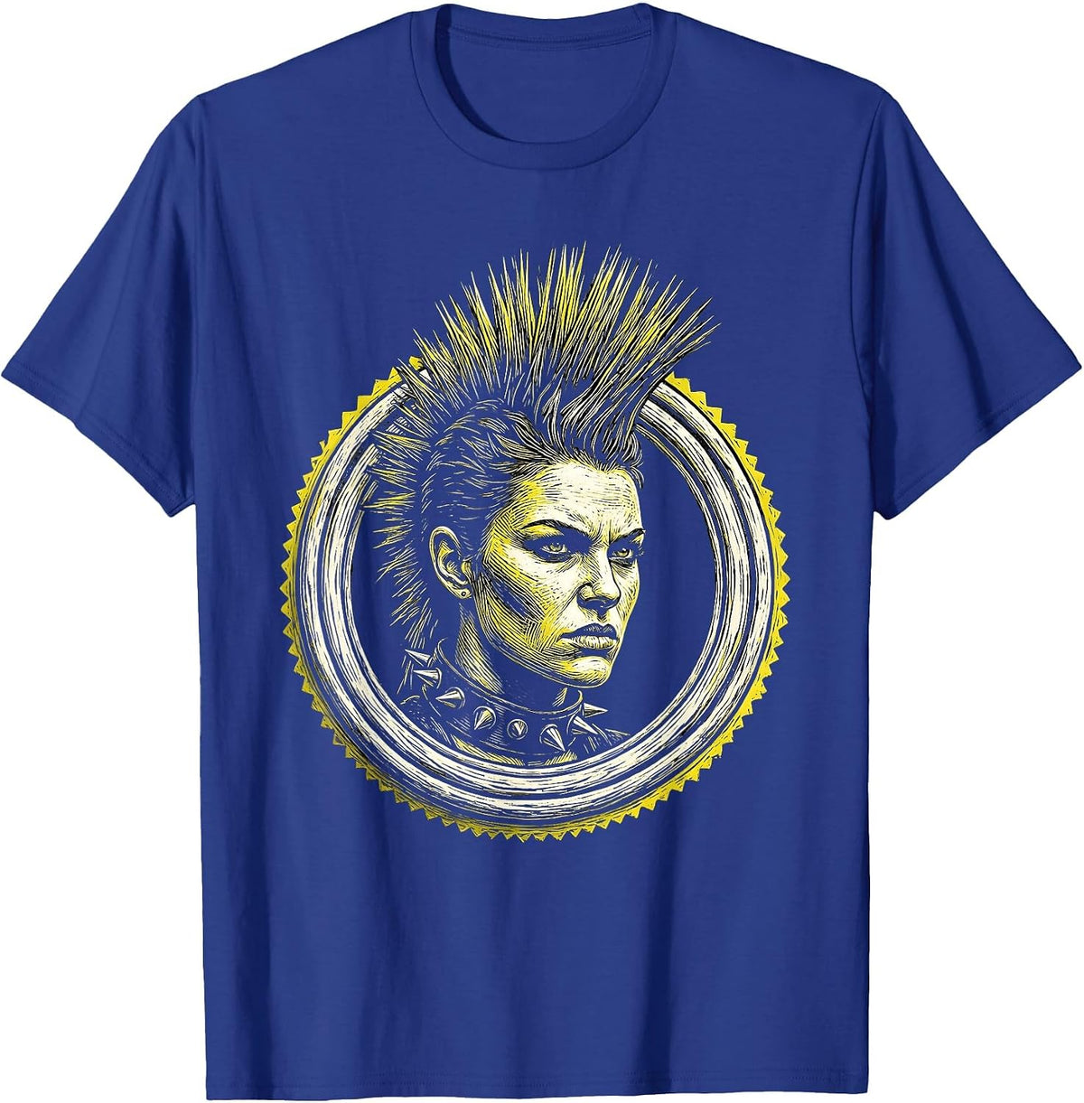 Rockstar Mohawk Studded Collar Punk Art Design T-Shirt - Royal Blue