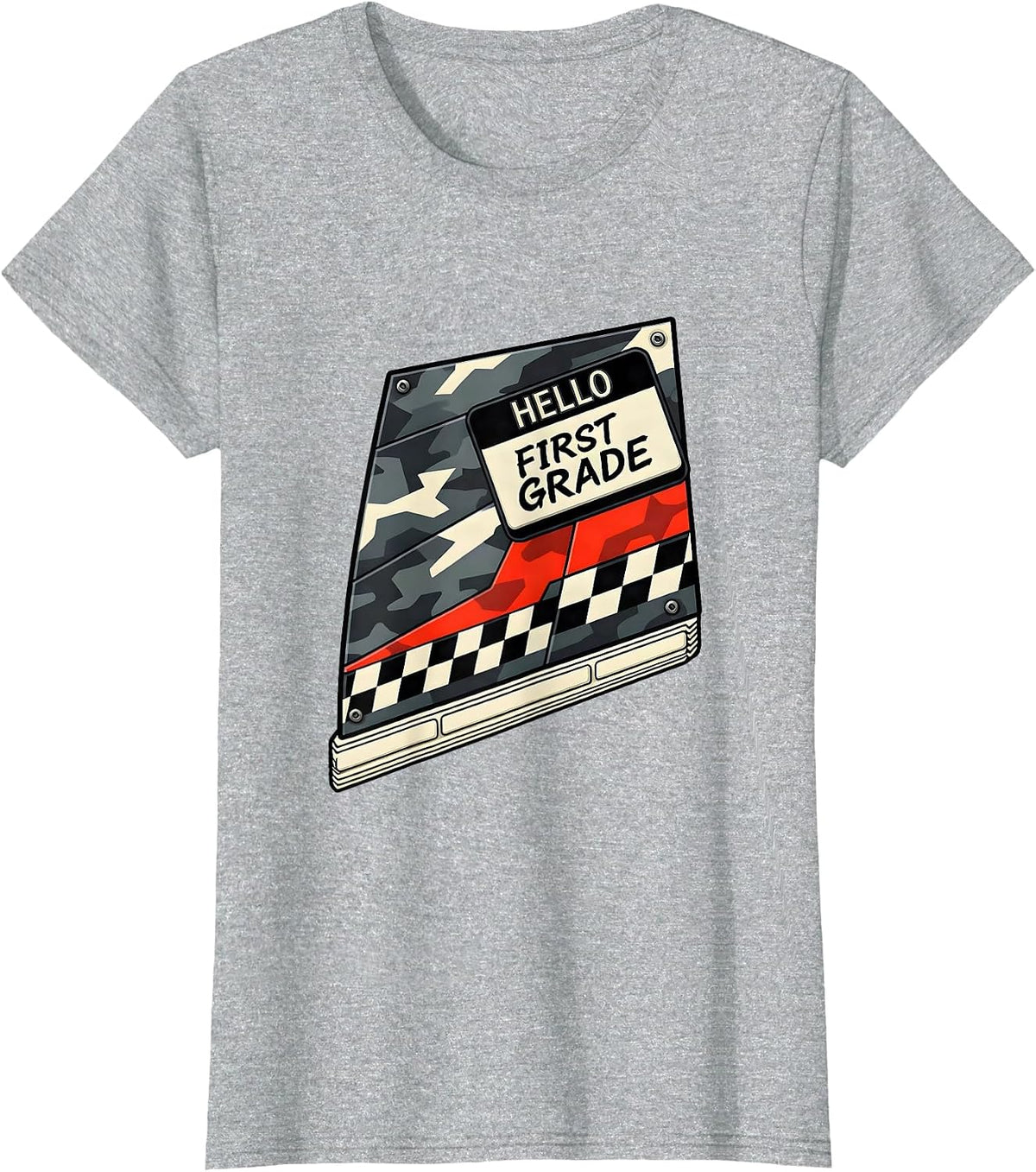 Women's Hello First Grade Camo Back To School Boys Teachers T-Shirt - Heather Grey