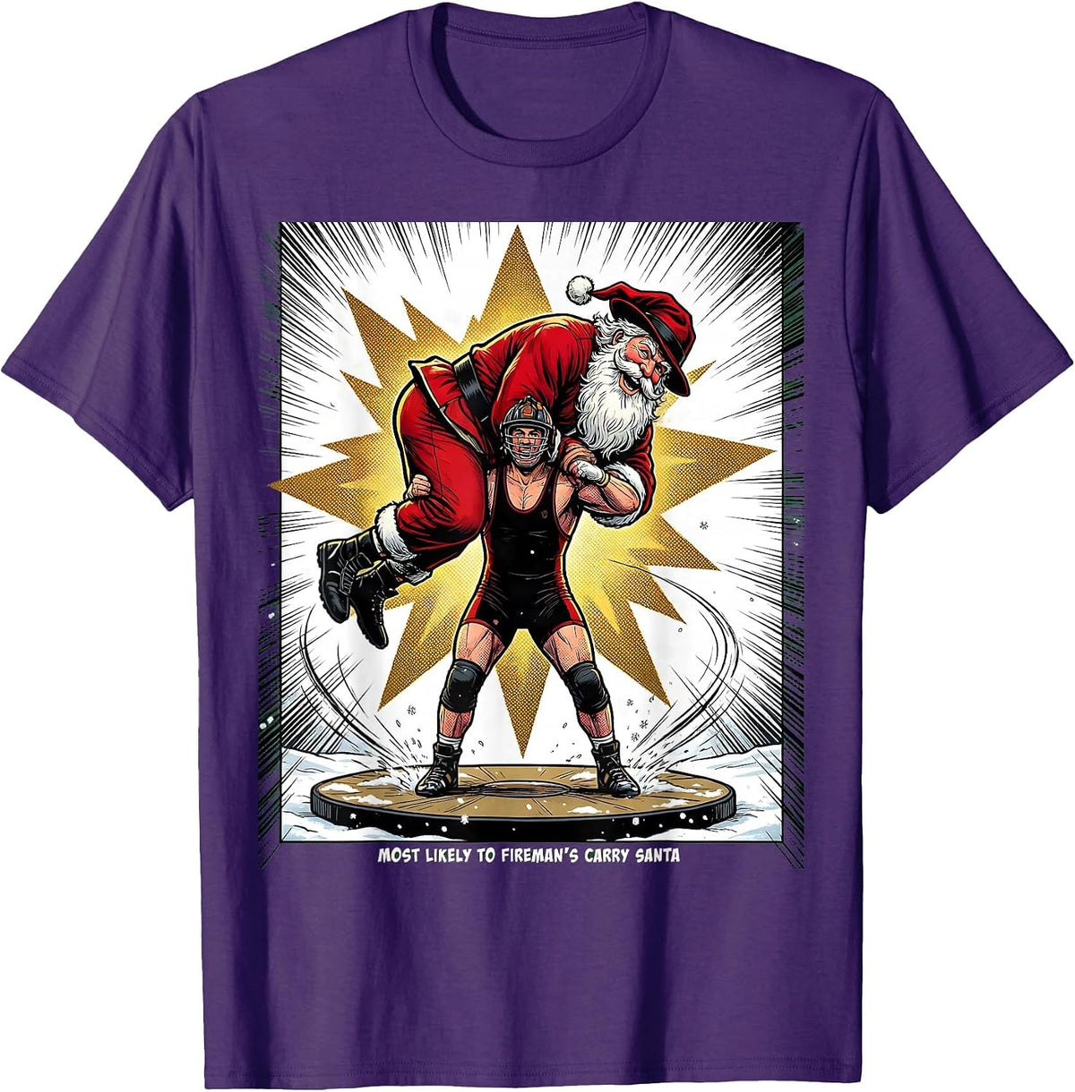 Men's Most Likely To Fireman's Carry Santa Funny Wrestling T-Shirt - Purple