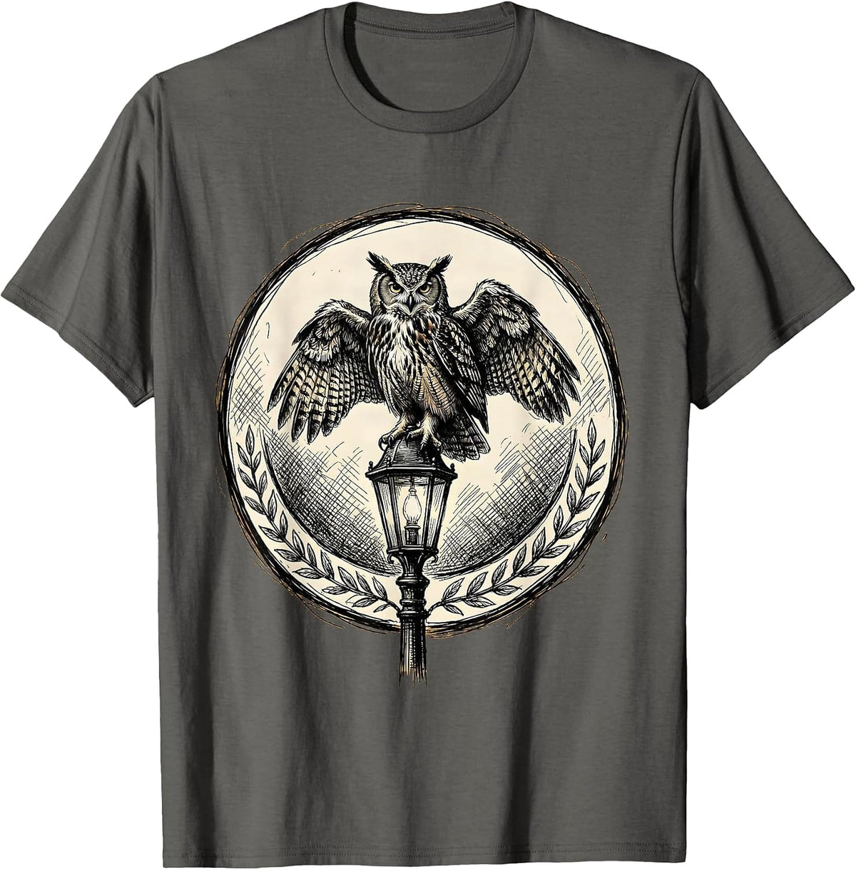 Owl on Library Lamp Post College Campus Art T-Shirt - Asphalt Grey