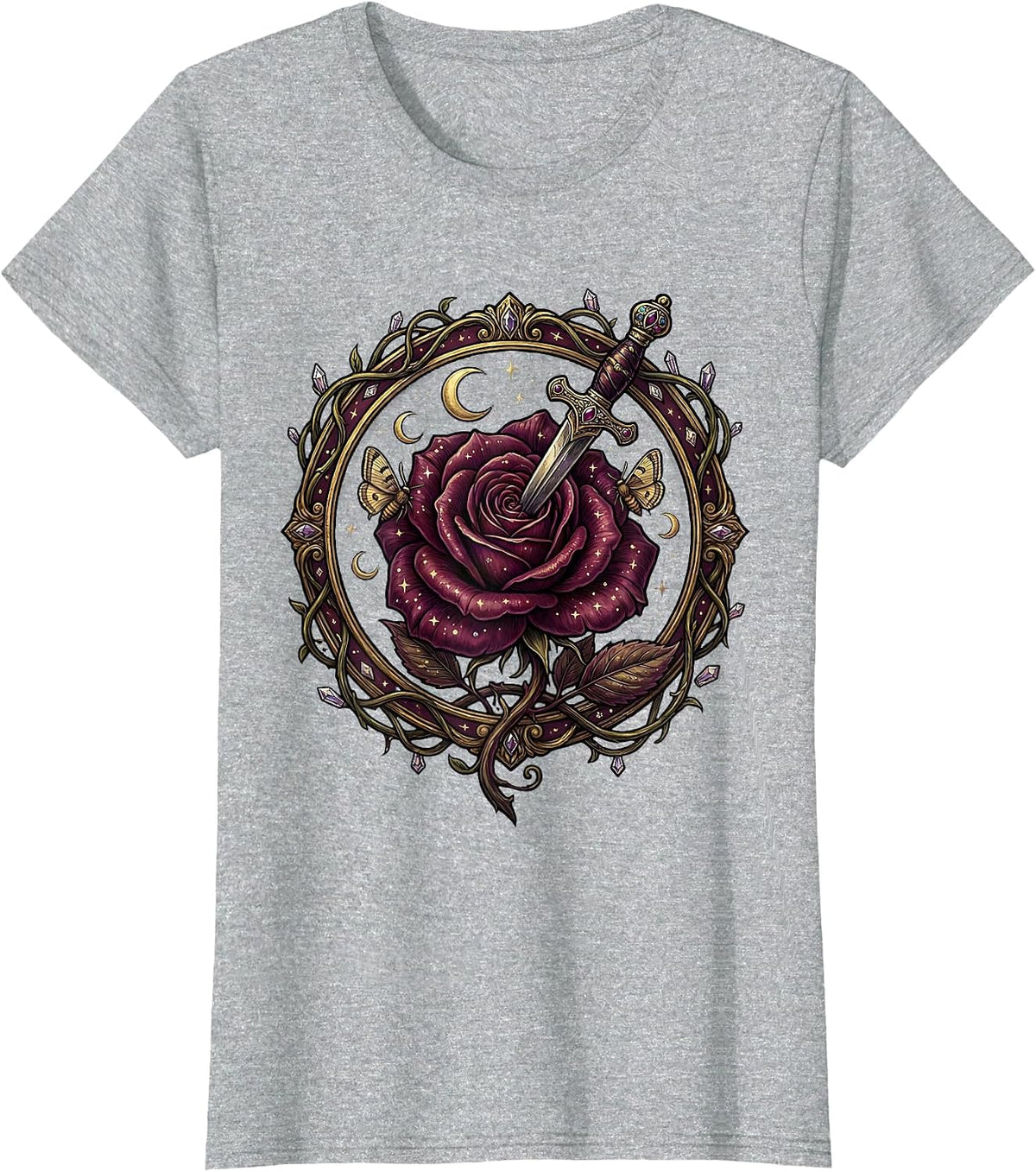 Women's Emo Dagger Wilting Flower Dark Aesthetic Graphic T-Shirt - Heather Grey