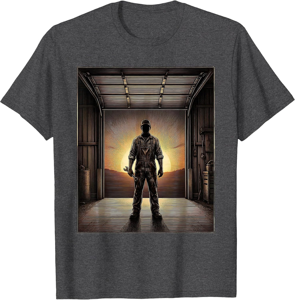 Mechanic Silhouette Garage Sunset Graphic T-Shirt - Dark Heather Grey