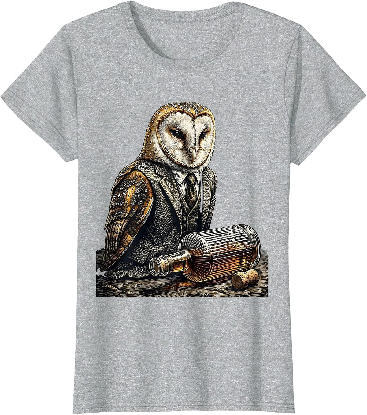 Whiskey Lover Sarcastic Owl in Suit Side-Eye T-Shirt - Heather Grey