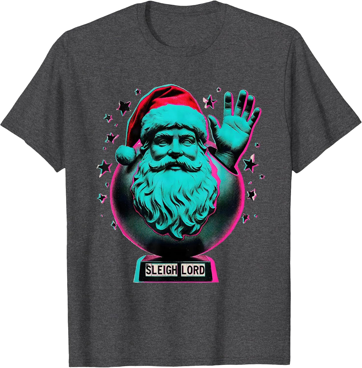 Men's Sleigh Lord Risograph Heavy Metal Rock Santa Christmas Humor T-Shirt - Dark Heather Grey