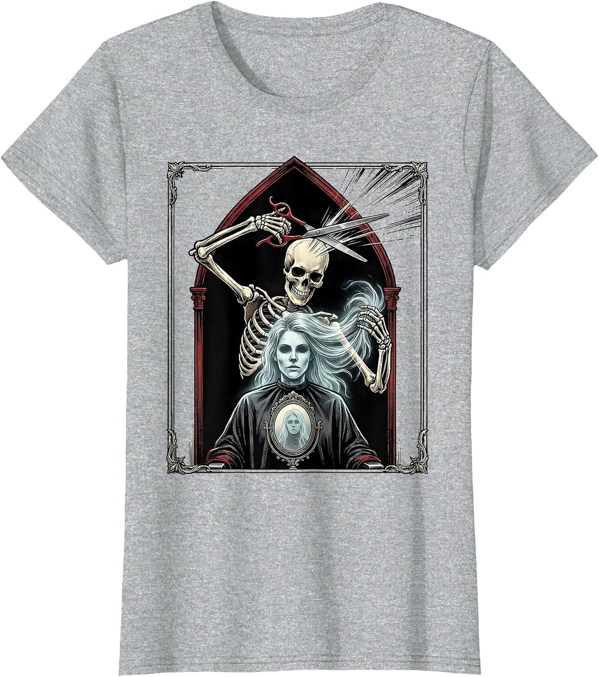Women's Skeleton Hair Stylist Tarot Card Gothic Salon Comic T-Shirt - Heather Grey