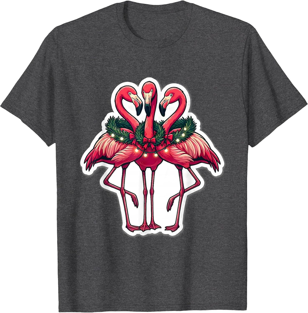 Men's Pink Flamingo Cluster Holiday Novelty Sticker Style T-Shirt - Dark Heather Grey
