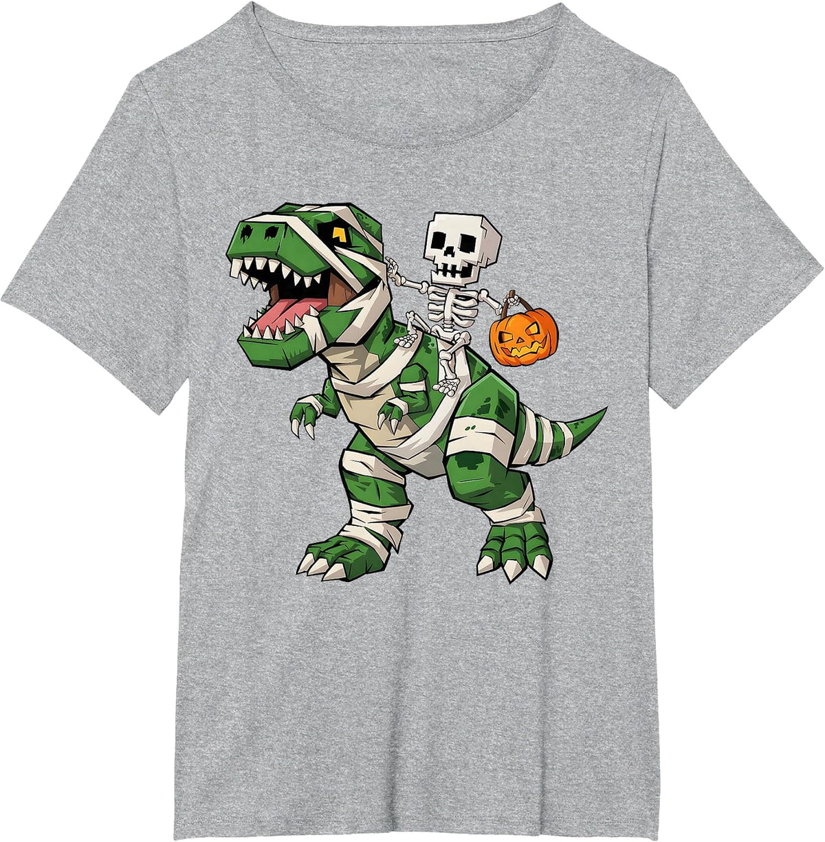 Skeleton Riding Mummy Dinosaur T rex Halloween Funny Gamer T-Shirt - Heather Grey