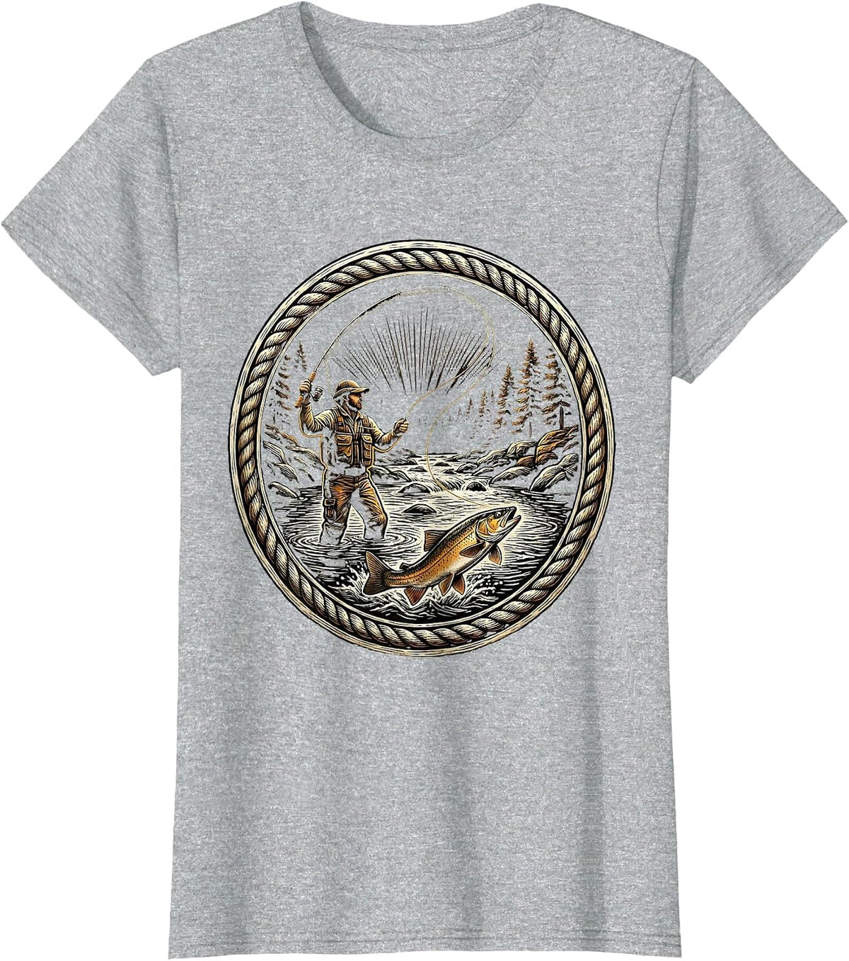 Fly Fisher Casting in Stream Trout Fishing T-Shirt - Heather Grey