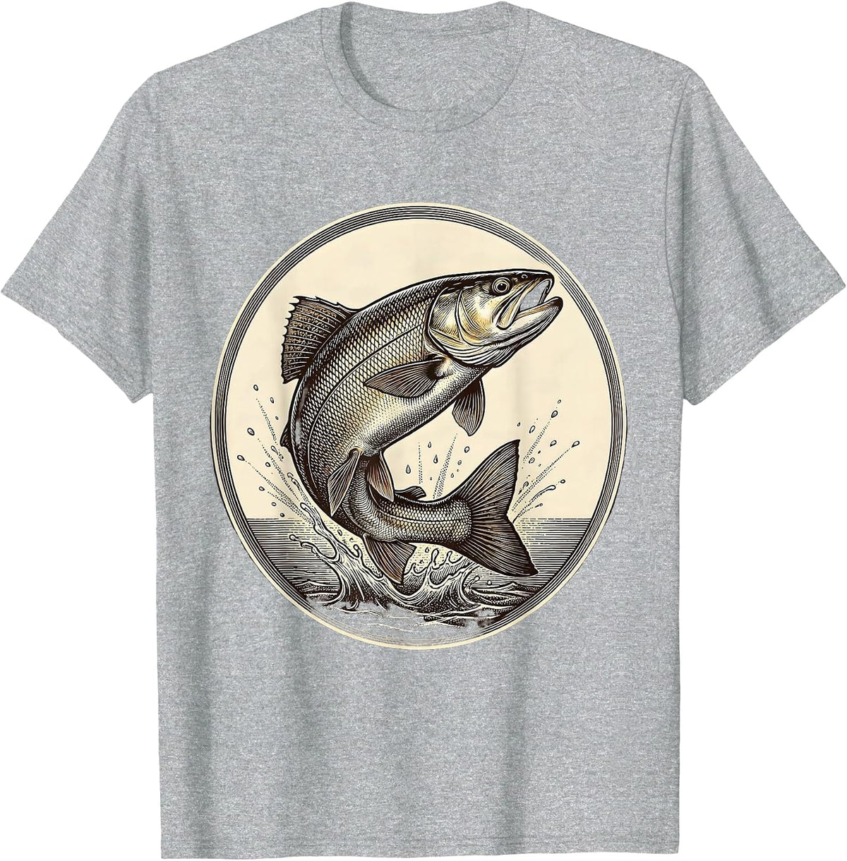 Trout Breaking Surface at Sunset Fishing Design T-Shirt - As Pictured