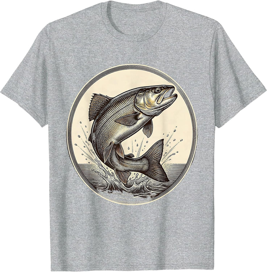 Trout Breaking Surface at Sunset Fishing Design T-Shirt - As Pictured