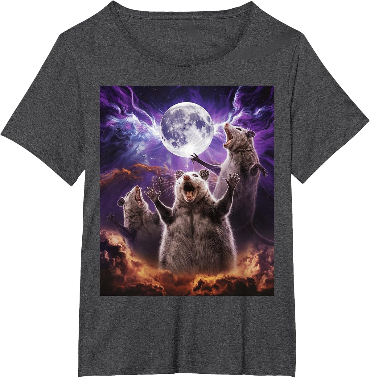 Three Possum Moon 3 Opossum Funny Weird Cursed Meme T-Shirt - Dark Heather Grey