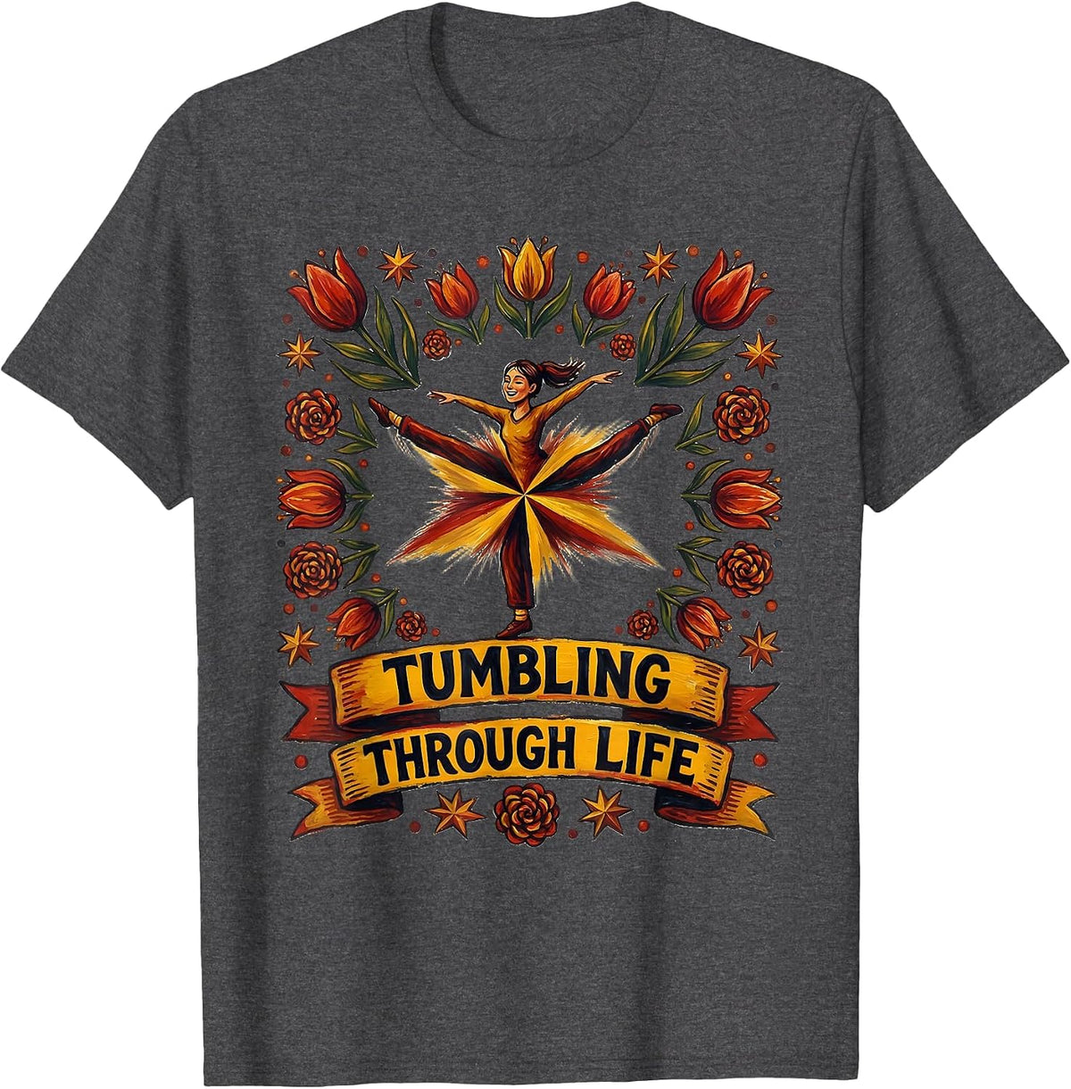 Tumbling Through Life Cartwheel Gymnastics Design T-Shirt - Dark Heather Grey