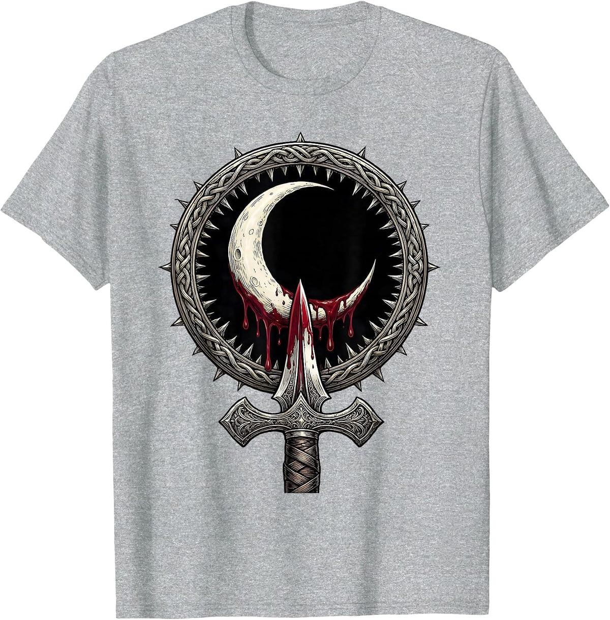 Men's Crescent Moon Blood Dagger Dark Heavy Metal Art T-Shirt - Heather Grey