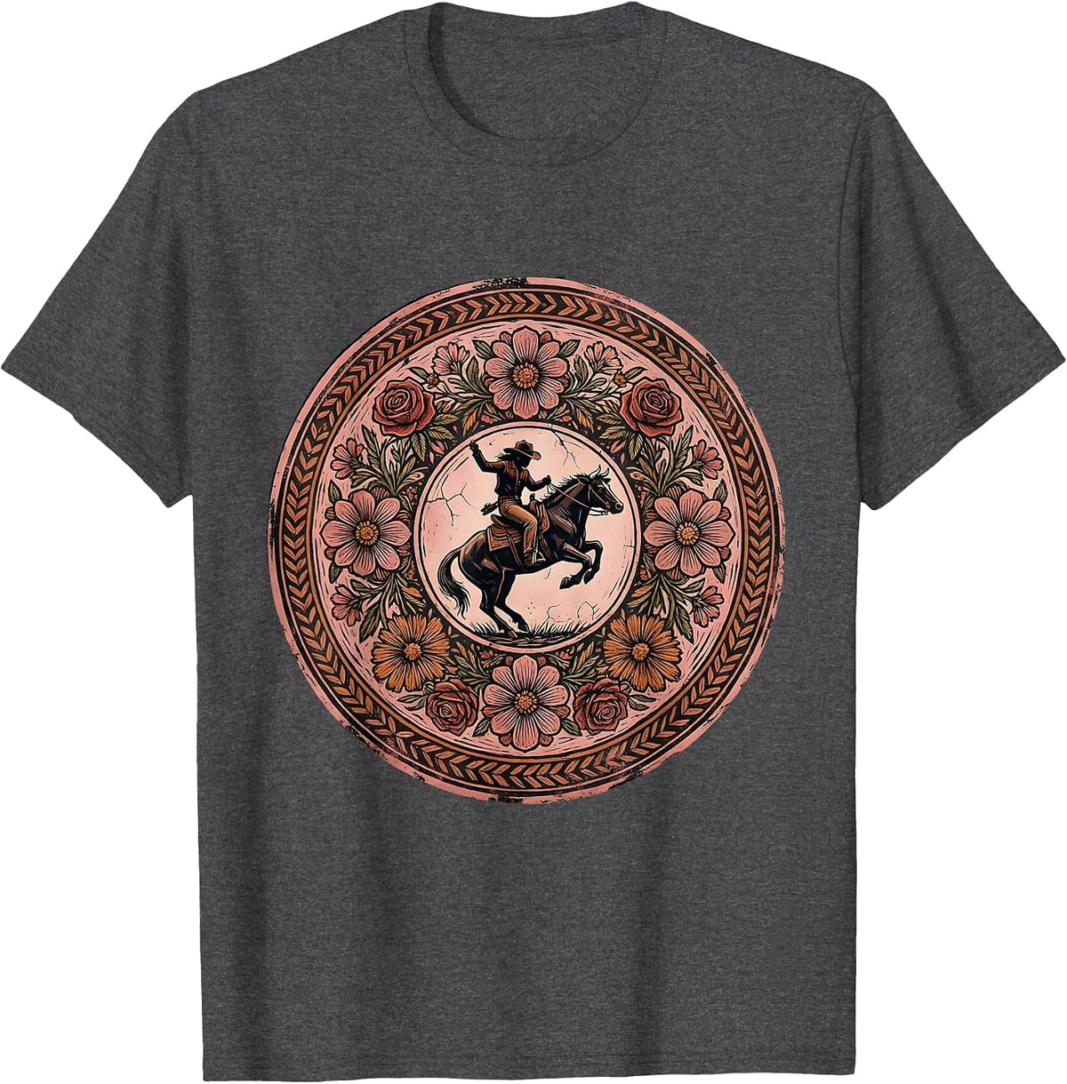 Pink Cowgirl Riding Bucking Bronco Rodeo Art T-Shirt - Dark Heather Grey