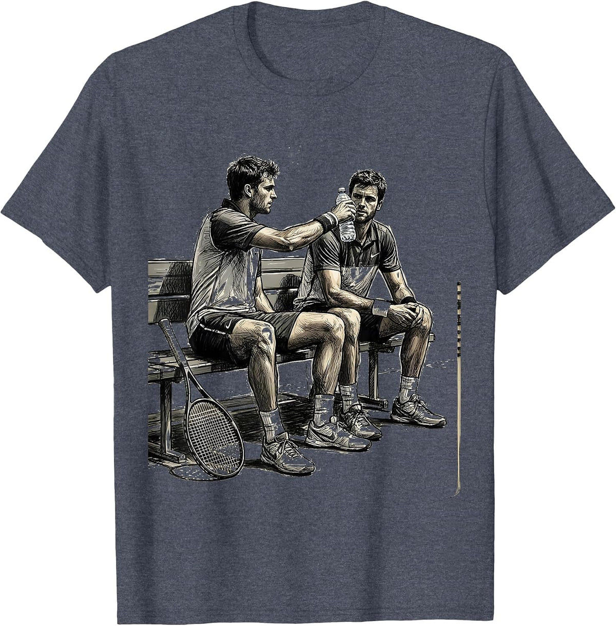 Tennis Duo Sharing Water Bottle Courtside T-Shirt - Heather Blue