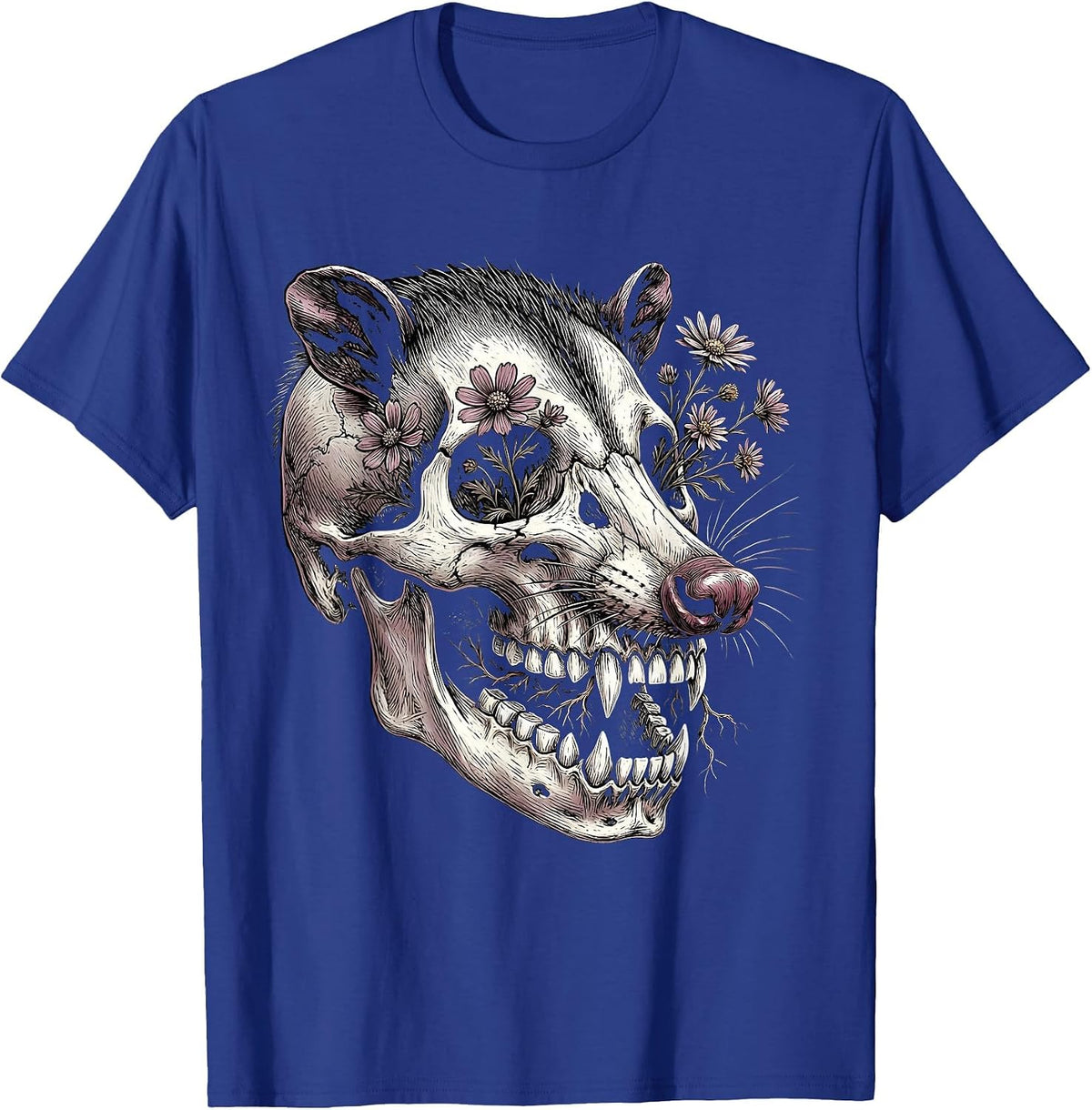 Opossum Skull Wildflowers Gothic Nature Art T-Shirt - Royal Blue