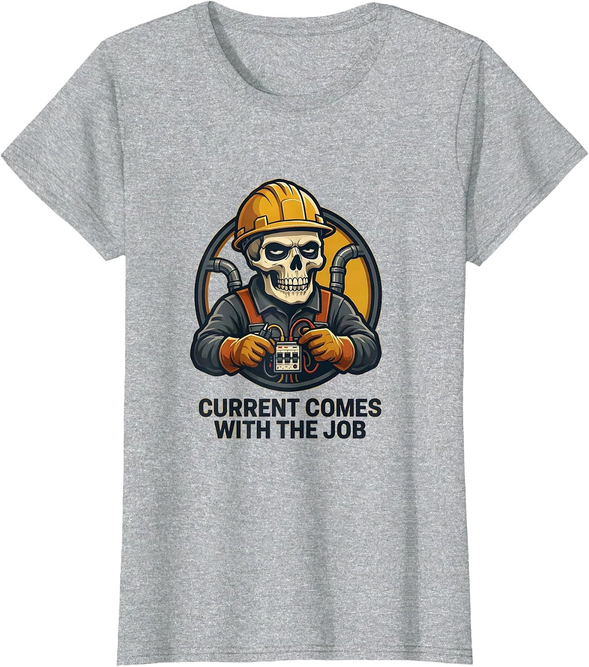 Current Comes With The Job Funny Electrician Skeleton Mascot T-Shirt - Heather Grey