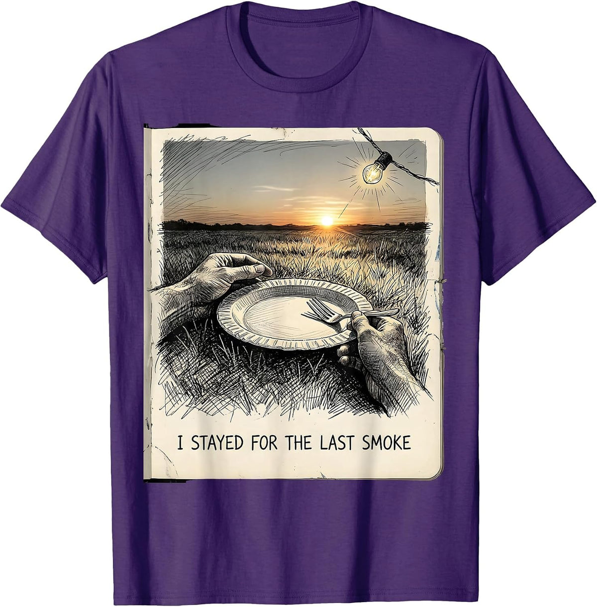 I Stayed For The Last Smoke Hand-Sketched BBQ Humor T-Shirt - Purple