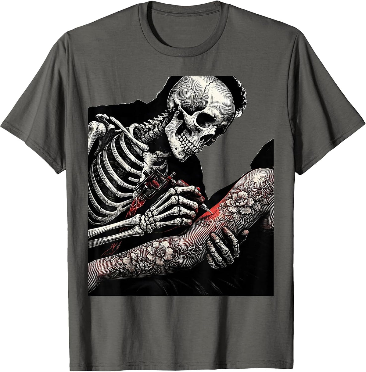Skeleton Tattoo Artist Inking Client Illustration T-Shirt - Asphalt Grey
