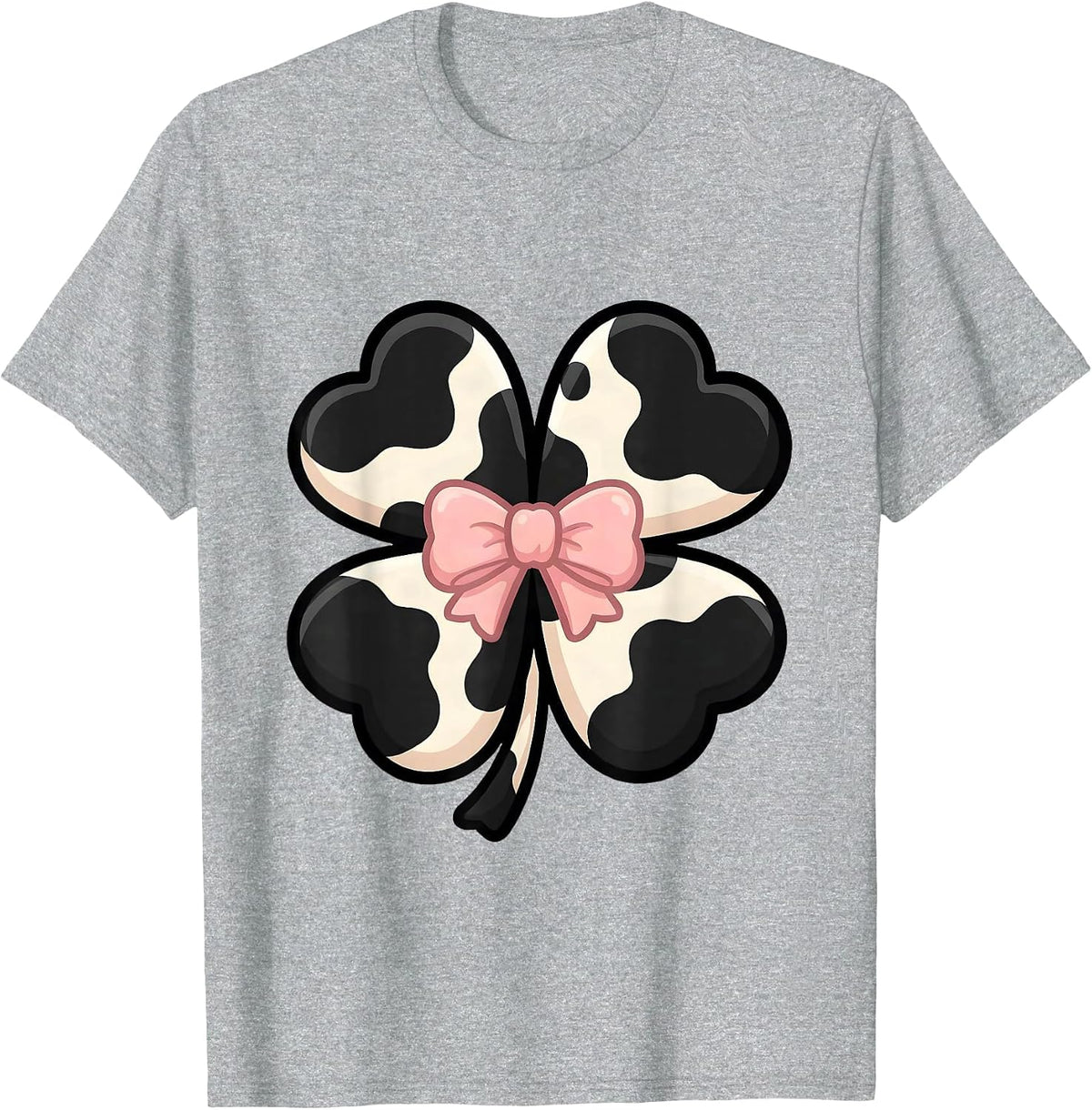 Men's Cute Kawaii Clover Cow-Print Bow Pattern for Cow Lovers T-Shirt - Heather Grey