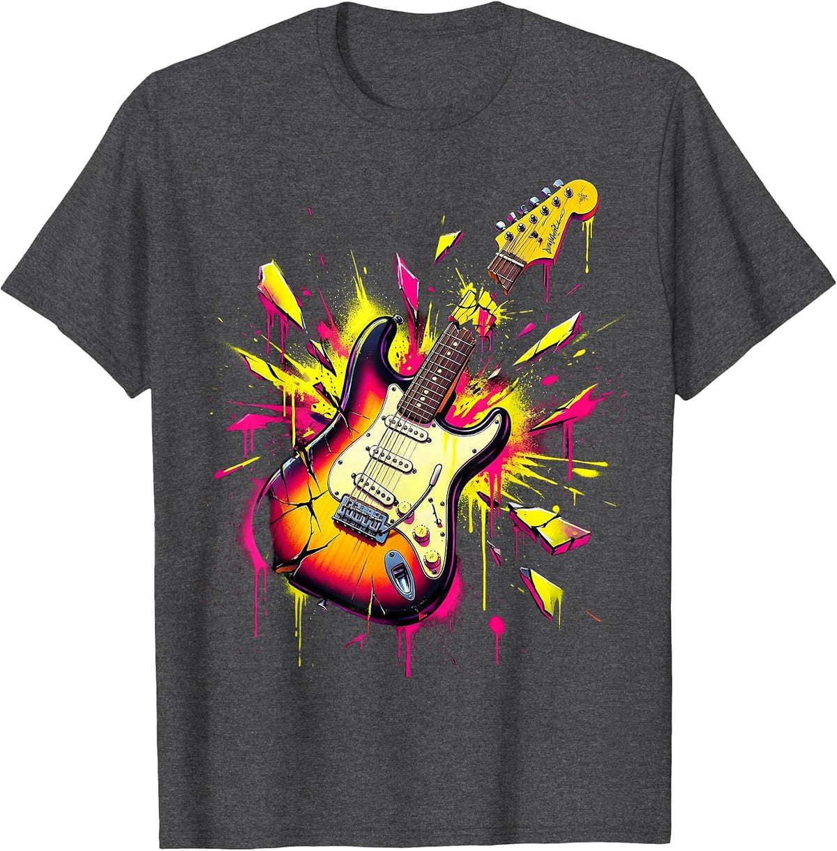 Electric Guitar Smash Sparks Rock Music Graphic T-Shirt - Dark Heather Grey