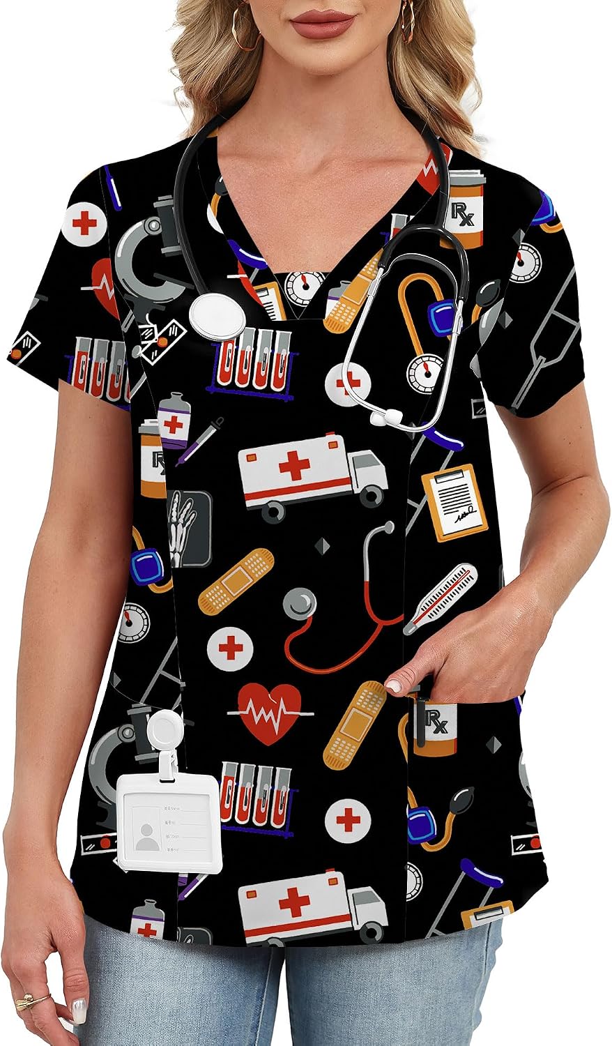 AKEWEI Scrubs for Women V Neck Scrub Tops Stretchy Nursing Uniforms Holiday Medical Shirts with 2 Pockets - Black Medical