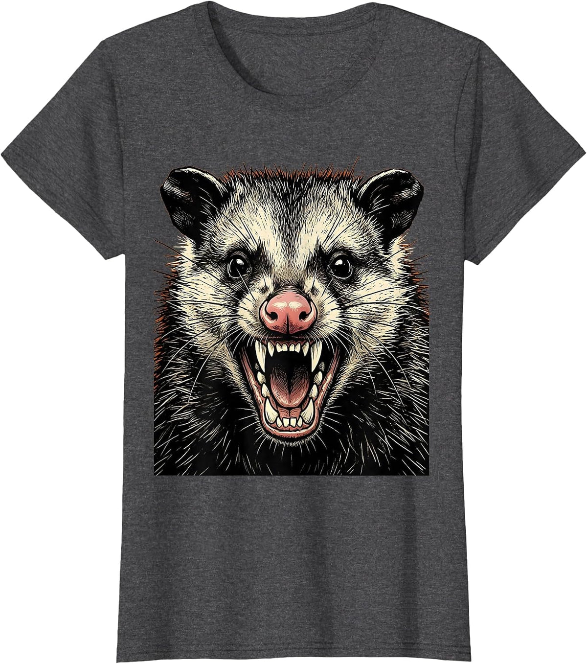 Women's Snarling Opossum Close-Up Wildlife Graphic T-Shirt - Dark Heather Grey