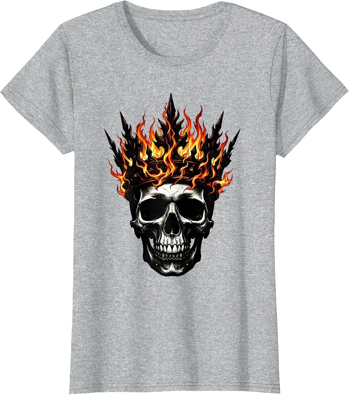 Skull With Burning Crown of Flames Graphic T-Shirt - Heather Grey