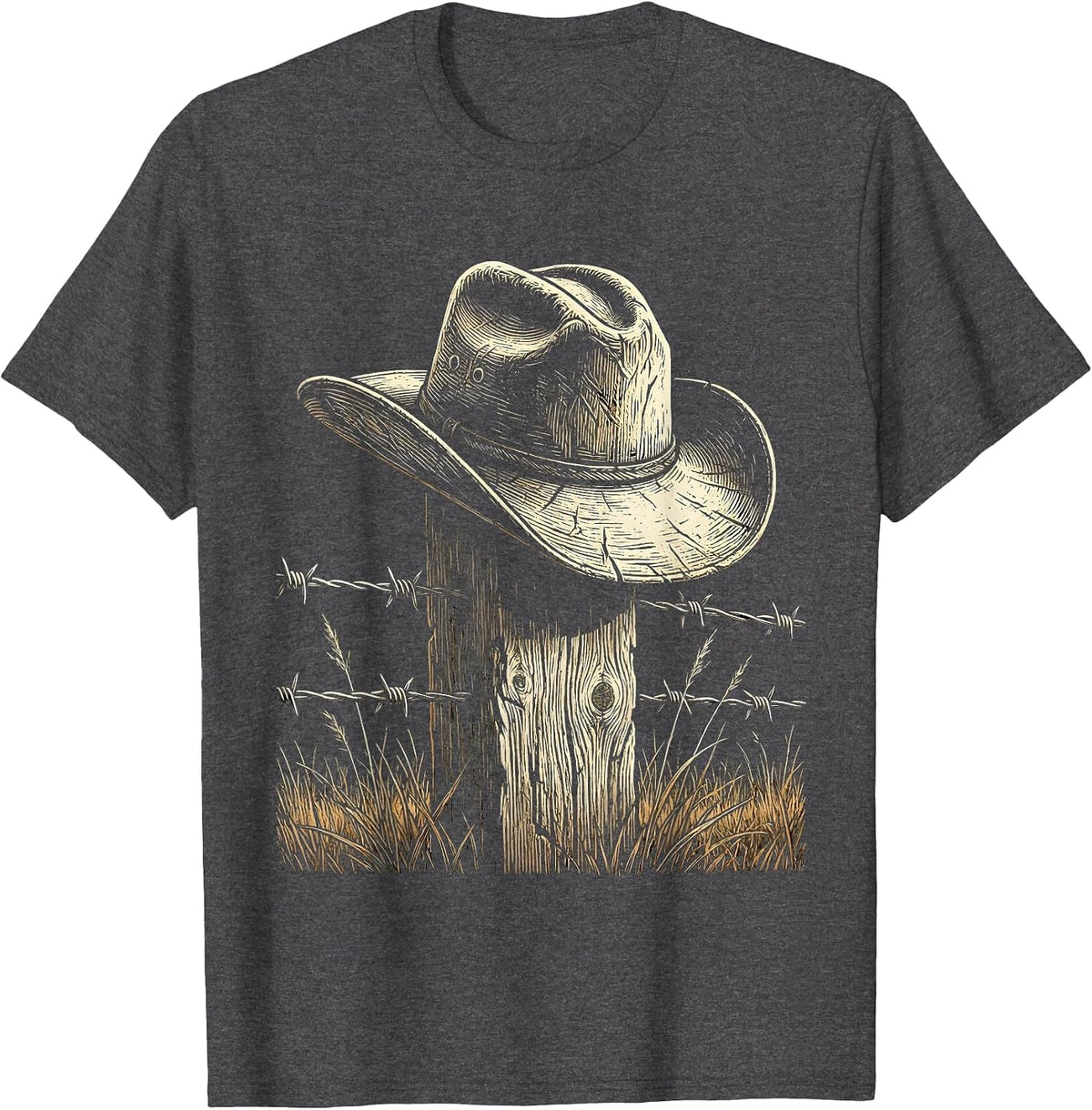 Cowboy Hat on Fence Post Western Illustration T-Shirt - Dark Heather Grey