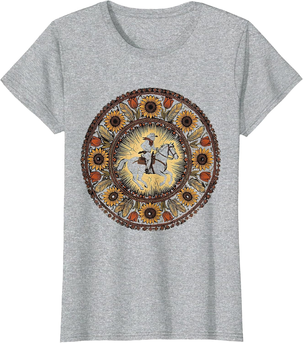 Cowgirl Silhouette Riding Horse at Dusk T-Shirt - Heather Grey
