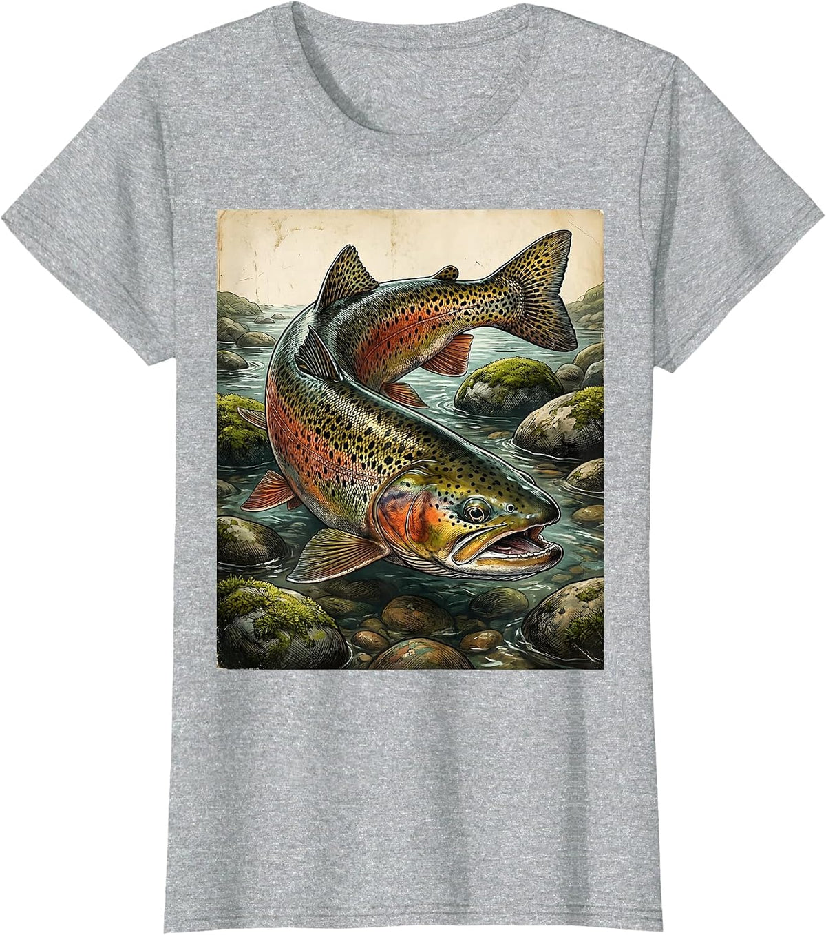 Trout Swimming Mountain Stream Fishing Illustration T-Shirt - Heather Grey