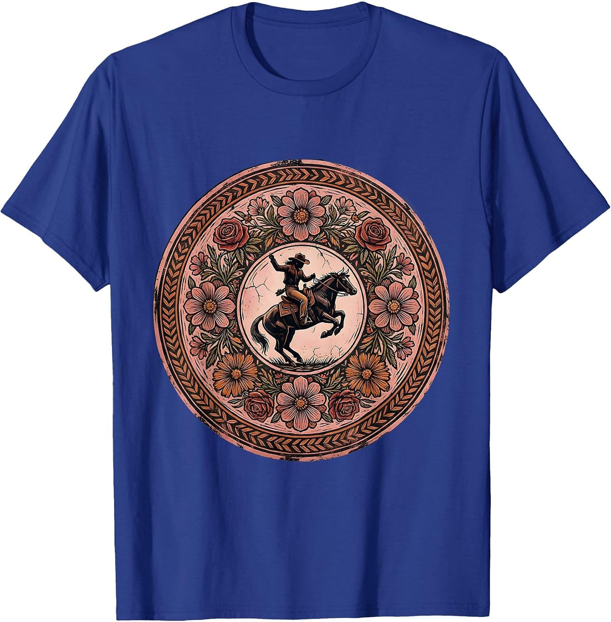 Pink Cowgirl Riding Bucking Bronco Rodeo Art T-Shirt - Royal Blue