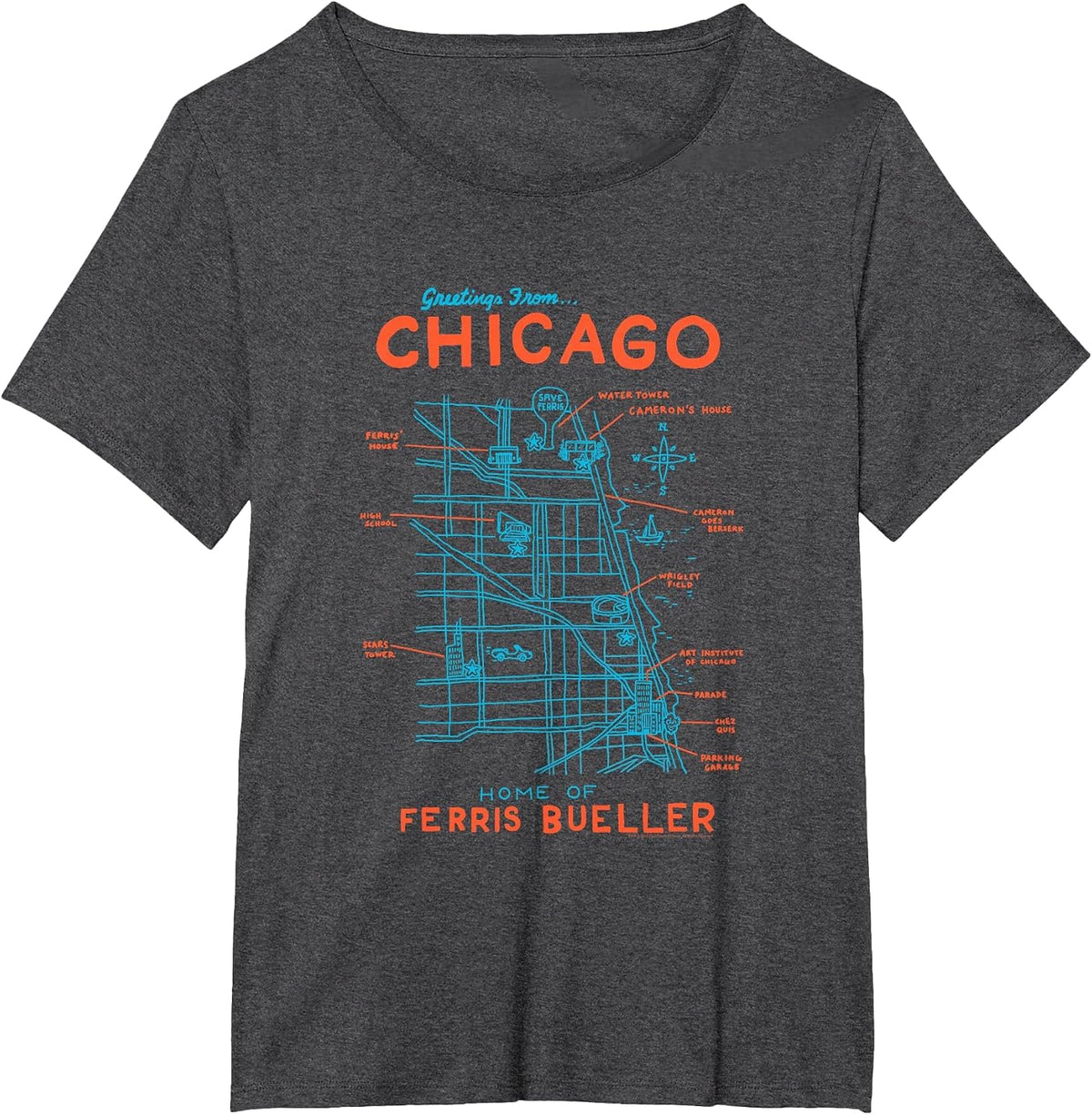 Ferris Bueller's Day Off Chicago Map Funny Movie T-Shirt - Dark Heather Grey