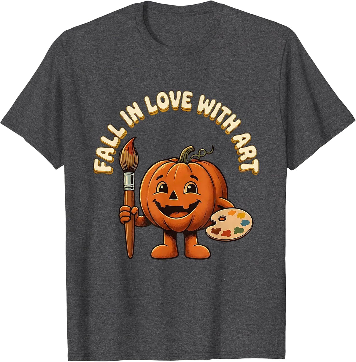 Fall In Love With Art Retro Teacher Halloween Pumpkin T-Shirt - Dark Heather Grey