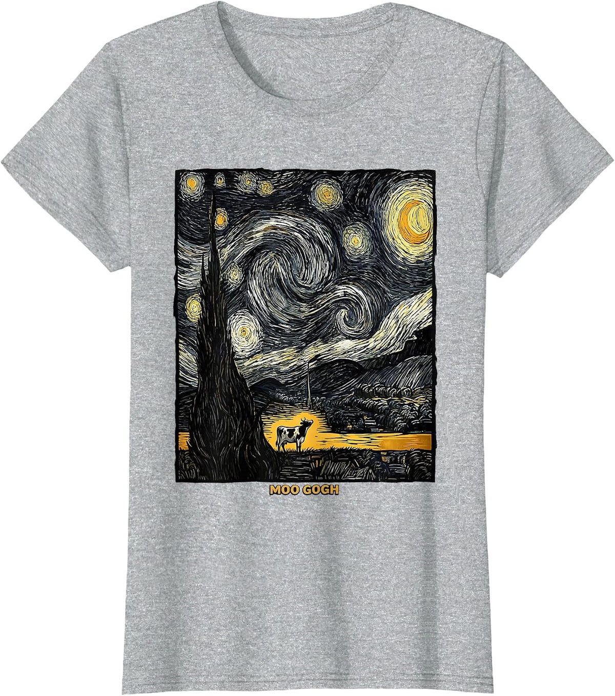 Women's Moo Gogh Whimsical Cow Art Lover Gift for Pet Owners T-Shirt - Heather Grey