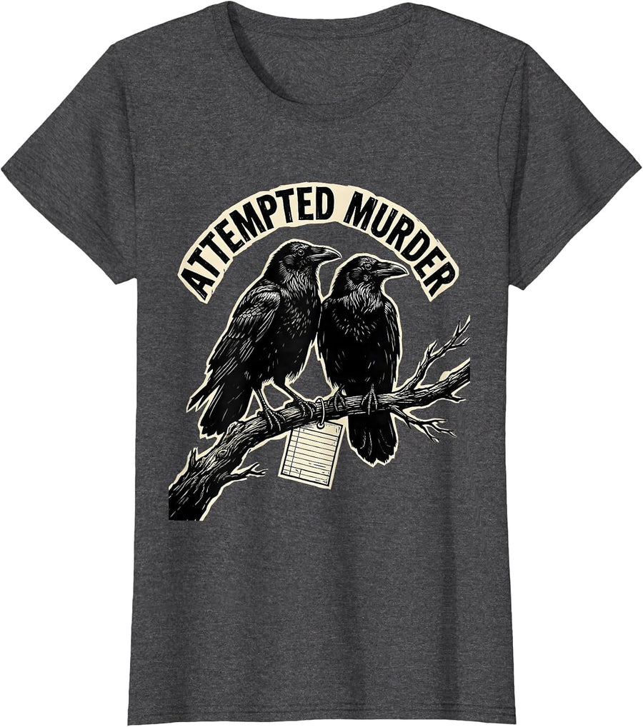 Women's Attempted Murder Linocut Crow Pun Humor Dark Literary T-Shirt - Dark Heather Grey