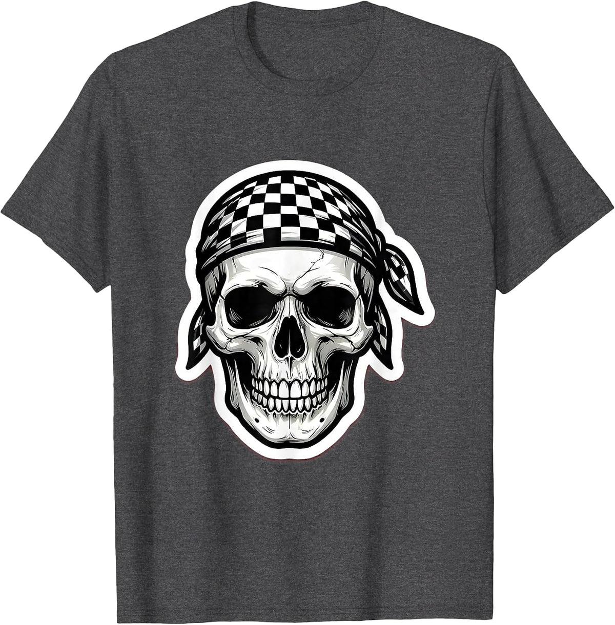 Skull Checkered Bandana Graphic Design T-Shirt - Dark Heather Grey