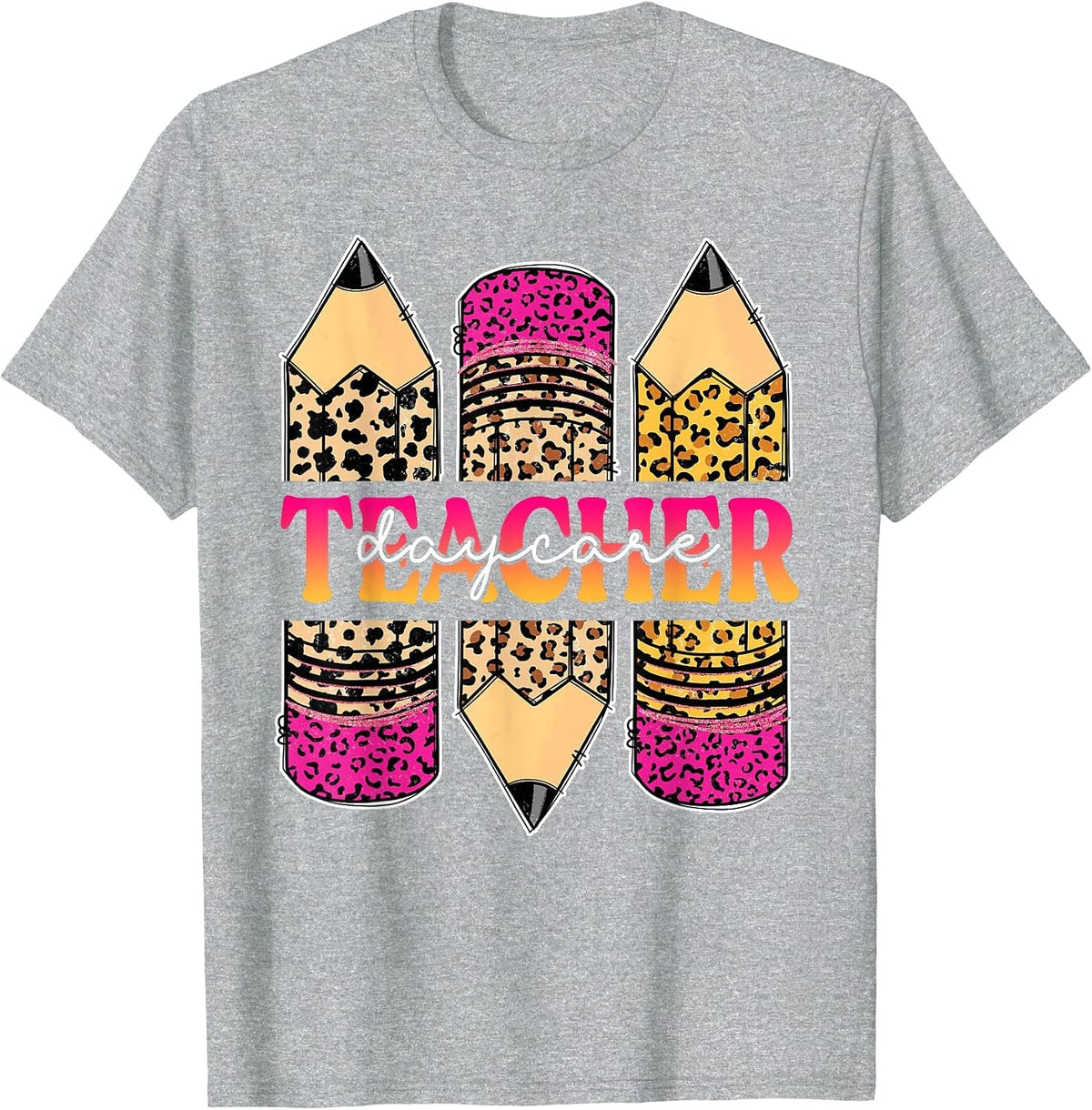 Leopard Pencil Daycare Teacher Back to School Teaching T-Shirt - Heather Grey
