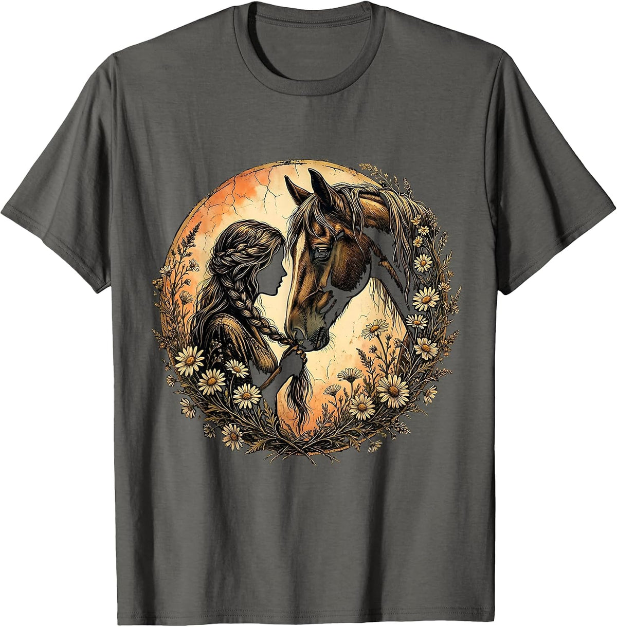 Western Horse Braiding Illustration Graphic Tee T-Shirt - Asphalt Grey