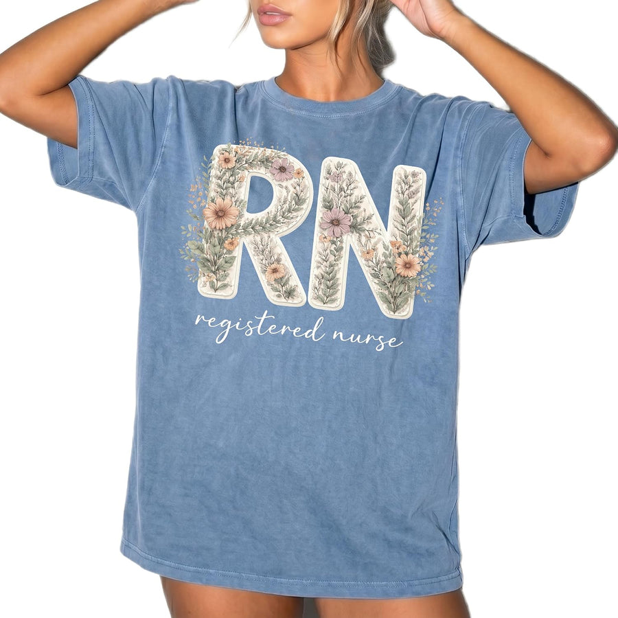 Floral RN Registered Nurse T-Shirt Cute Botanical Nurse Shirt Healthcare Worker Gift - Blue Jean