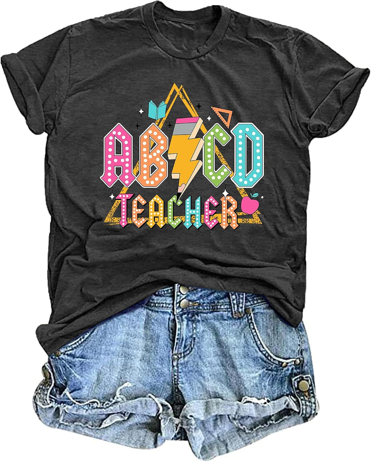 Teacher Shirts Women ABCD Teacher Tshirt Teacher Life Short Sleeve Tops - Grey